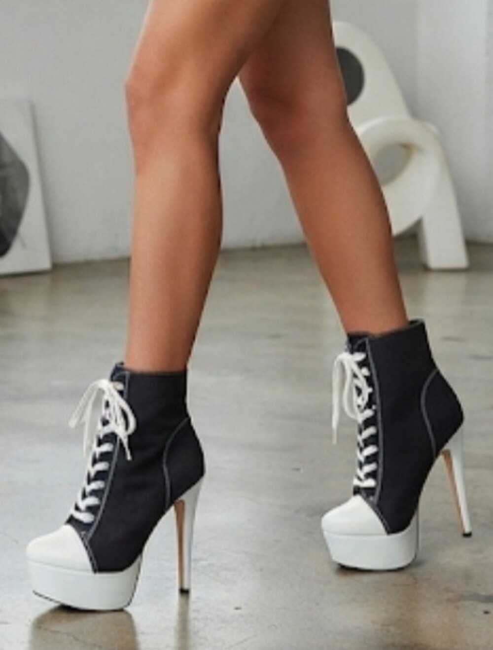 Black Canvas Platform Sneaker Heels Stiletto Ankle Boots Lace-Up  US 9 EU 39